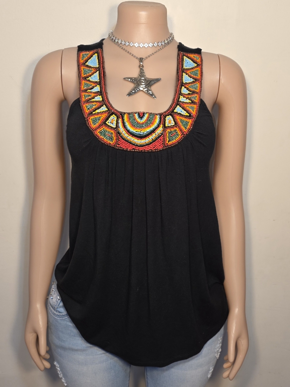 Boston Proper Black Tank Top with Multicolor Beaded Top